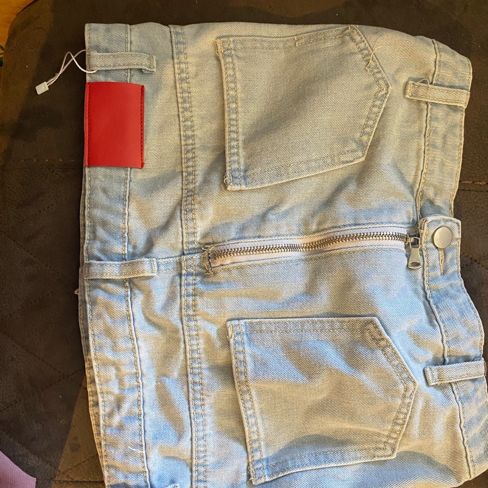Light Blue Denim Skirt with Red Accent